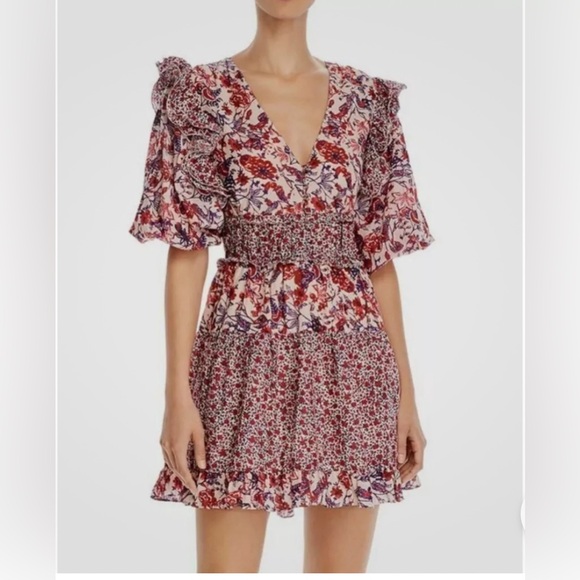 NWT SAYLOR Laci Mini Dress Pink Floral Combo Puff Sleeve Ruffle Mixed Print LRG - Picture 4 of 12